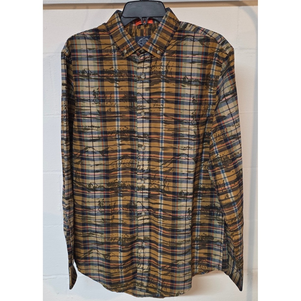 St Johns Bay Mens M Plaid Scenic Mountain Long Sleeve Button Shirt Mustard Plaid